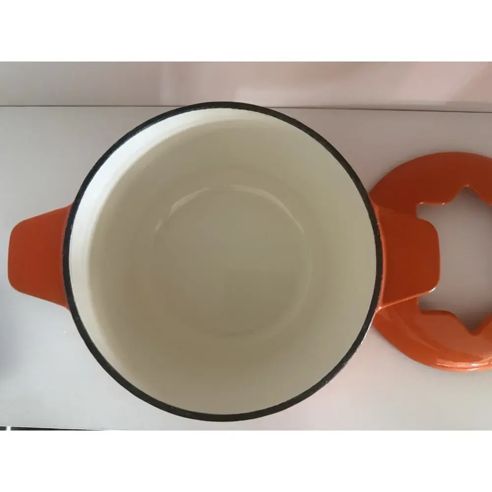 Vintage Orange Enameled Cast Iron Fondue Pot Star Shaped Open Lid Retro MCM